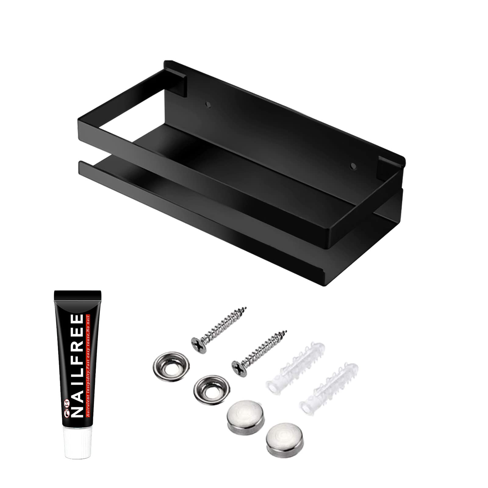 Rustproof Metal Storage Floating Shelf Wall Mounted Rectangular Shelf Bedroom, Bathroom, Living Room, Kitchen and Laundry Room, Nail Free Floating Shelf Wall Mounted Storage Shelf (20cm Black)