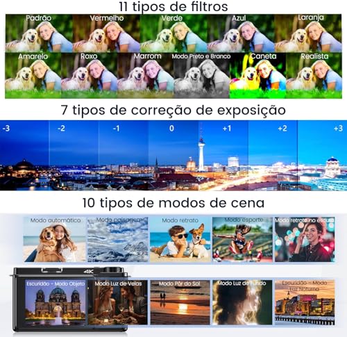Câmera Digital 4K 64MP Branca com Zoom Óptico 12X, Tela Flip Touch 2.88" para Selfie e Vlog, Flash LED, WiFi, Câmera Compacta para Iniciantes e Criadores de Conteúdo
