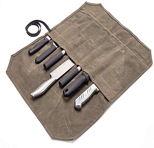 HANSHI Chef Knife Roll Bag, 12OZ Waxed Canvas Knife Case Storage, Portable 7 Slots Knife Cutlery Tool Roll Case Bag with Wrap, Gifts for Pro Chefs or Culinary Enthusiasts, Gifts for Men