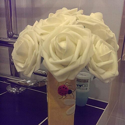 SUIE 10pcs Fake Artificial Foam Real Touch Rose Flowers Bouquets Rose Bridal Wedding Bouquet 11 Colors (Cream)