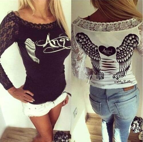 XJG new women's angle wings T-shirt lace long sleeve printed patchwork shirt Black XL