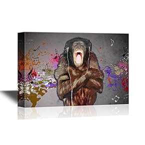 Canvas Wall Art - Chimpanzee Listinging to Music Funny Animal Concept - Gallery Wrap Modern Home Art | Ready to Hang - 12x18 inches