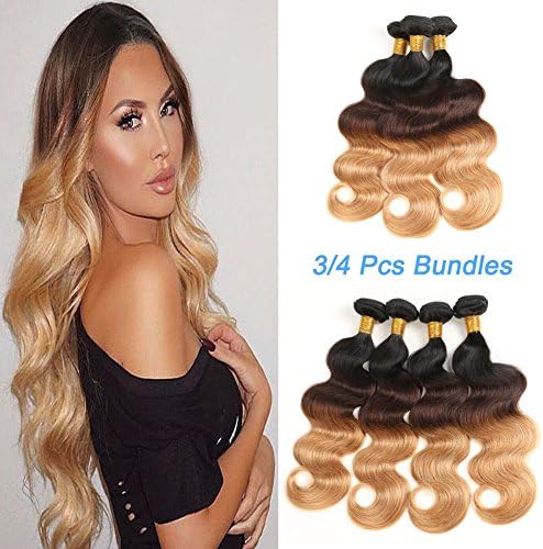 8A Brazilian Virgin Hair Ombre Hair Bundles Brazilian Body Wave 3 Tone 1B/4/27 Ombre Human Hair Extension (12 14 16, 1B/4/27)