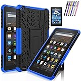 Windrew Hybrid Heavy Duty Armor Protection Cover [Anti Slip] [Built-In Kickstand] Skin Case For Amazon Fire 7 5th Generation 2015 Release Tablet + Screen Protector and Stylus Pen (Black/Blue)