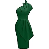 Memoriesea Women's Elegant One Shoulder Pleated Detail Bodycon Party Club Midi Dress