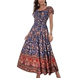 OSTOO Women's Boho Floral Maxi Dress – Sleeveless Tiered Summer Dress With Ruffle Sleeves (Blue, Small)