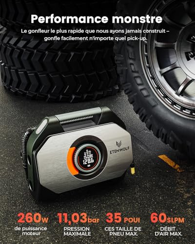 ETENWOLF Vortex S7 38400mAh Wireless Car Tyre Inflator 11.03 Bar | Portable compressor for heavy vehicles and cars - 100% continuous cycle and double cylinder for long-lasting performance