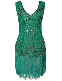 BABEYOND Vestido de mujer con volantes y cuello en V de los años 20 con flecos