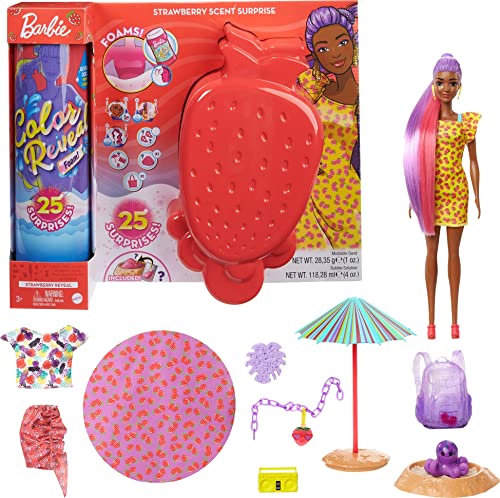 Barbie Color Reveal Foam! Doll & Pet Friend with 25 Surprises: Scented Bubble Solution, Outfits, Hair Extension, Accessories, Kid Bracelet & Charm Hidden in Sand; Sunny Strawberry-Theme; Gift for Kids 3 Years & Older