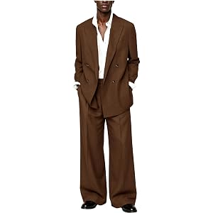 Men's 2 Piece Linen Suit Set Double Breasted Oversized Blazer Wide Leg Pants Casual Summer Suit for Wedding Beach Business