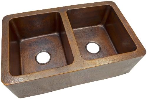The Copper Factory CF166AN Solid Hand Hammered Copper 34-Inch by 21-Inch Large Double Bowl Farmhouse Sink, Antique Copper