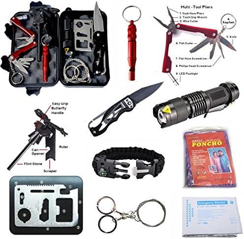 AIGOROSE Emergency Survival Kit 11-in-1 Outdoor Survival Gear Tool with Survival Bracelet, Folding Knife, Flashlight, Emergency Blanket, Fire Starter, Whistle, Raincoat for Camping Travel