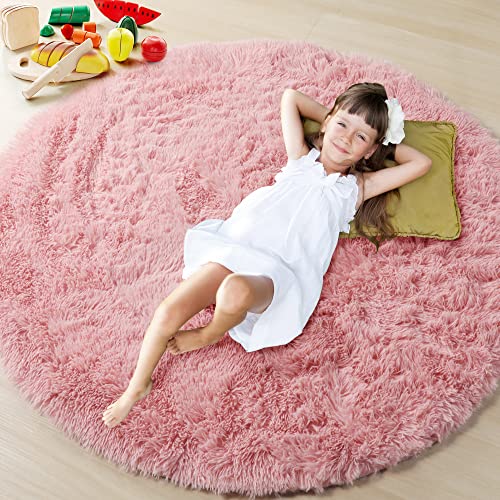 ONASAR Baby Pink Cute Rug for Girls Bedroom Decor 5ft, Mermaid Fluffy Round Rug for Kids Room, Kawaii Furry Carpet for Nursery, Soft Area Rug for Play Room, Pastel Colorful Rug for Living Room