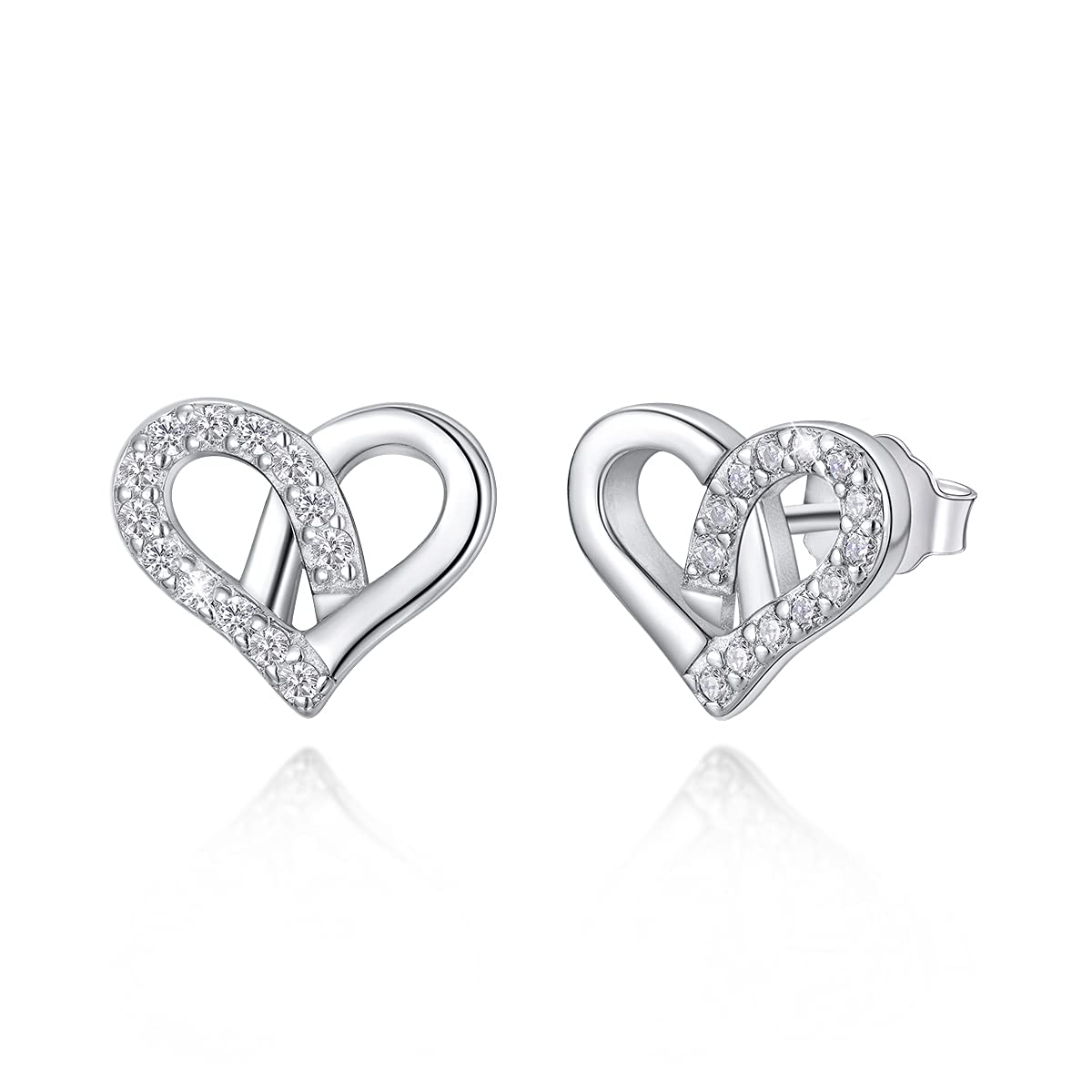 PEARLOVE 925 Sterling Silver Stud Earrings, Girls Heart Earrings Cubic Zirconia Hypoallergenic Stud Earrings for Sensitive Ears