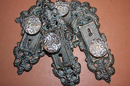 Set of 6 Skeleton Keyhole Design Cabinet Pull, Patterned Glass Knob Bronze-Look cast Iron Backplate, Center Space 5 1/4 inch, Back Plate 7 3/8 inches, HW-63