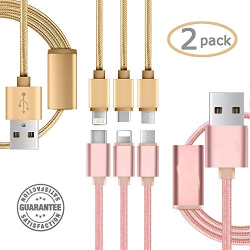 USB 3 in 1 Cable (2 Pack) - Long 3.3 Feet Nylon Braided Durable Quick Charge &amp; Data Connection Lightning MFI Certified Micro Type C Every4Less iPhone 7 Plus Rose Gold