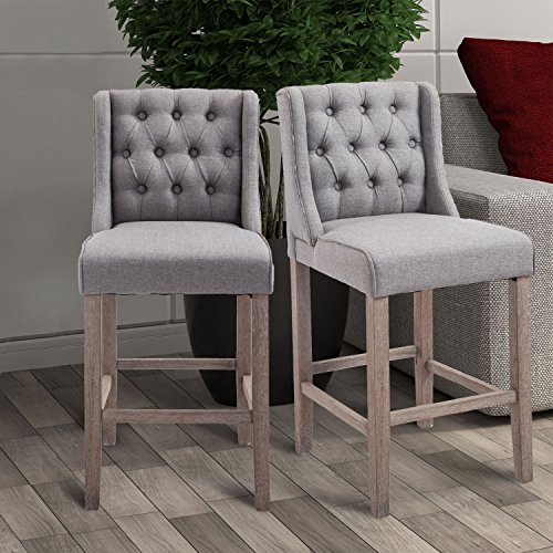 HOMCOM 40" Fabric Upholstered Tufted Counter Stool with Wood Legs Set of 2 - Grey