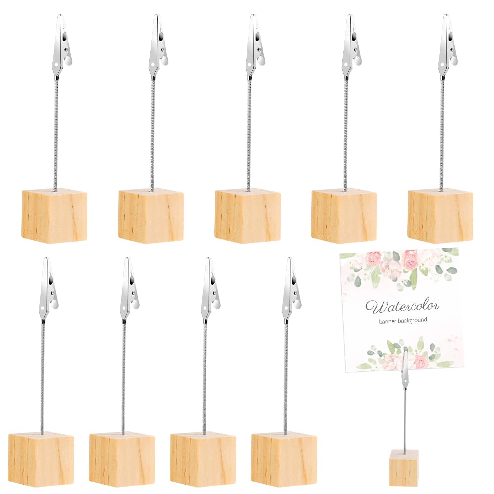 Zoyiancy 10 Pcs Place Card Holders with Memo Clips, Wooden Table Number Holder, Picture Holders for Wedding Party Name Sign (Cube Base)