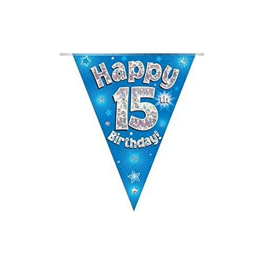 Party Bunting Happy 15th Birthday Blue Holographic 11 flags 3.9m