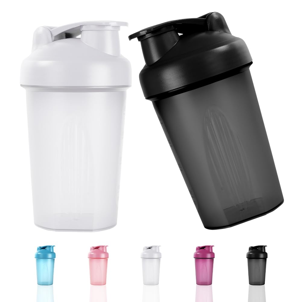 ACWOO Protein Shaker Bottle with Stainless Steel Mixing Ball 500ml, 2pcs Protein & Supplement Shaker Bottle, Leak Proof Flip Flop Lid Shake Bottle Mixer, BPA Free Protein Shake Bottle, Black + White