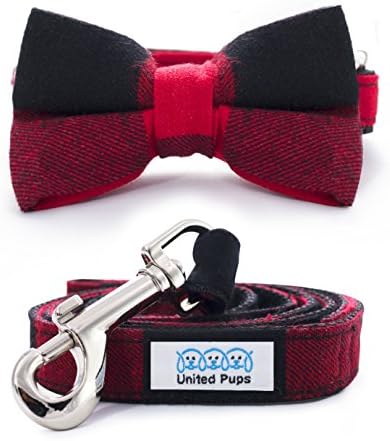 Cool Pups Red Gingham Plaid Collar with Bow Tie and Leash by United Pups (Medium)