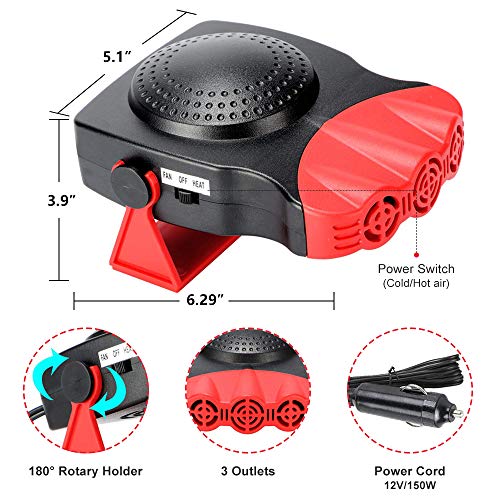 Car Heater - Portable Car Defrost Defogger 12V 150W Auto Electronic Heater Fan Fast, 2 in 1 Heating/Cooling Function 3-Outlet, Plug Adjustable Thermostat in Cigarette Lighter Heater