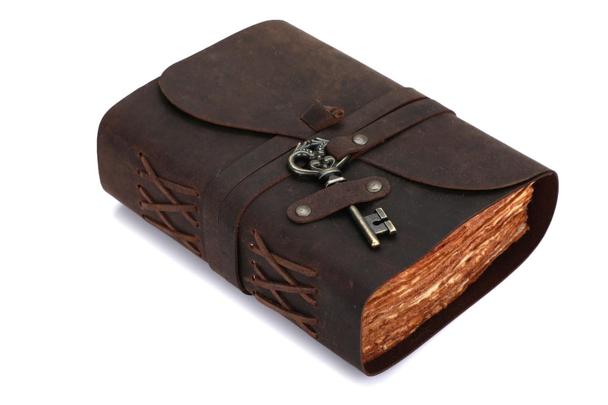 Fausta Vintage Leather Journal with Key for Men & Women, 240 Pages, 8"x 6", Handmade Writing Notebook | Deckle Edge Cotton Paper 150 GSM | Rustic Brown Travel Diary, Sketchbook | Unique Gift
