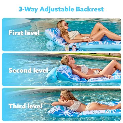 Sloosh Inflatable Pool Float Adult - Tropical Leaves Pool Floaties Lounger with Adjustable Backrest Cup Holders, Sun Tanning Float Rafts Floating Chair Pool Beach Lake Lounge Above Water Keep Cool