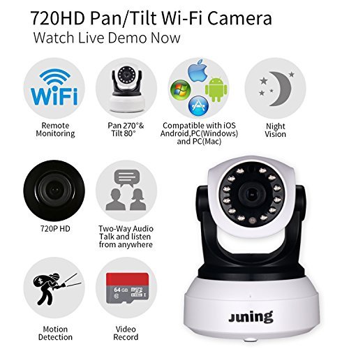 Security Camera - JUNING 720P HD Wifi Wireless IP Security Surveillance Camera System with Day/Night Vision, Remote Pan Tilt Control and 2 Way Audio