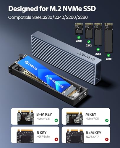 ORICO M.2 NVMe SSD Enclosure, Aluminum Tool-Free Adapter, 10Gbps USB3.2Gen2 USB-C M2 Enclosure for M.2 PCIe NVMe M-Key 2230/2242/2260/2280 SSD, Support UASP- BM2G2