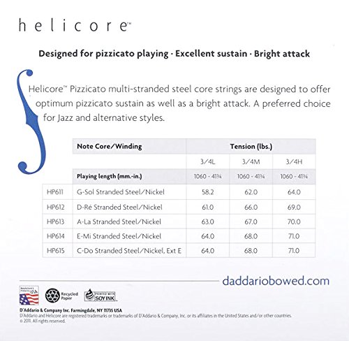 D'Addario Helicore Pizzicato Bass String Set, 3/4 Scale, Medium Tension
