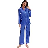 Maxbee Women's Satin Silk Pajamas Set, 2 Piece Notch Collar Silk Pjs, Button UP Pajama with Long Sleeve and Pants Silky