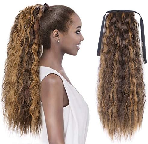 Vigorous Clip in Wavy Ponytail Extension Kinky Curly 21 Inch Ponytail for Women Synthetic Long Tie Up Corn Wavy Ponytail Hairpiece (8H27#)