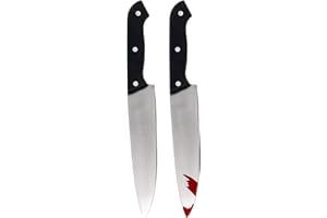 UQJE 2PC Fake Knife with Blood Halloween Butcher Silver Kitchen Knife Toy Horror Cosplay Prop