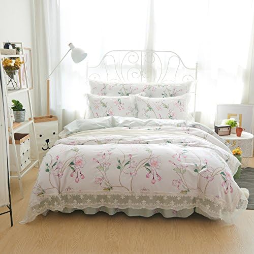 4-Piece Duvet Cover Set, Romantic Flower Printed Bedding Sets Cotton Lace Princess Style Bed Skirt-(Queen, Style#4)