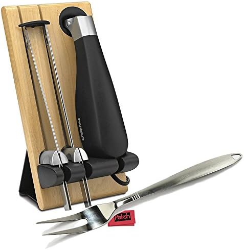 High-Powered Electric Knife [4 Piece Set] Wooden Knife Block Storage Tray, Heavy Duty Motor & 7.75" x 1" Stainless Steel Blade - Bundled with Carving Fork & Cloth