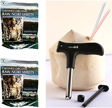 CocoDrillCoconut Opener + 100 Raw Organic Nori Sheets Combo - Open Tap Coco Water, Fresh Tool, Extractor + Sushi Roll Paper Wraps Kosher