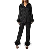 Mieeyali Women Satin Pajama Set 2 Piece Feather Trim Lounge Sets Long Sleeve Button Down Shirt Pant Casual Solid Sleepwear