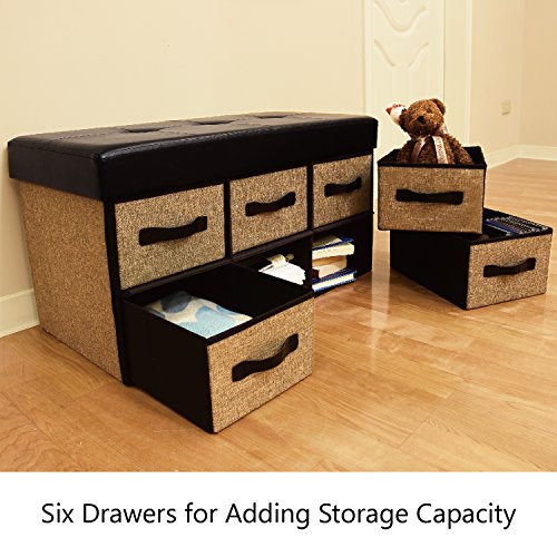 Ikee Design Folding Storage Chest Bench- Faux Leather, Linen Collapsible Foot Rest Stool Seat with 6 Drawers - Thumbnail 2