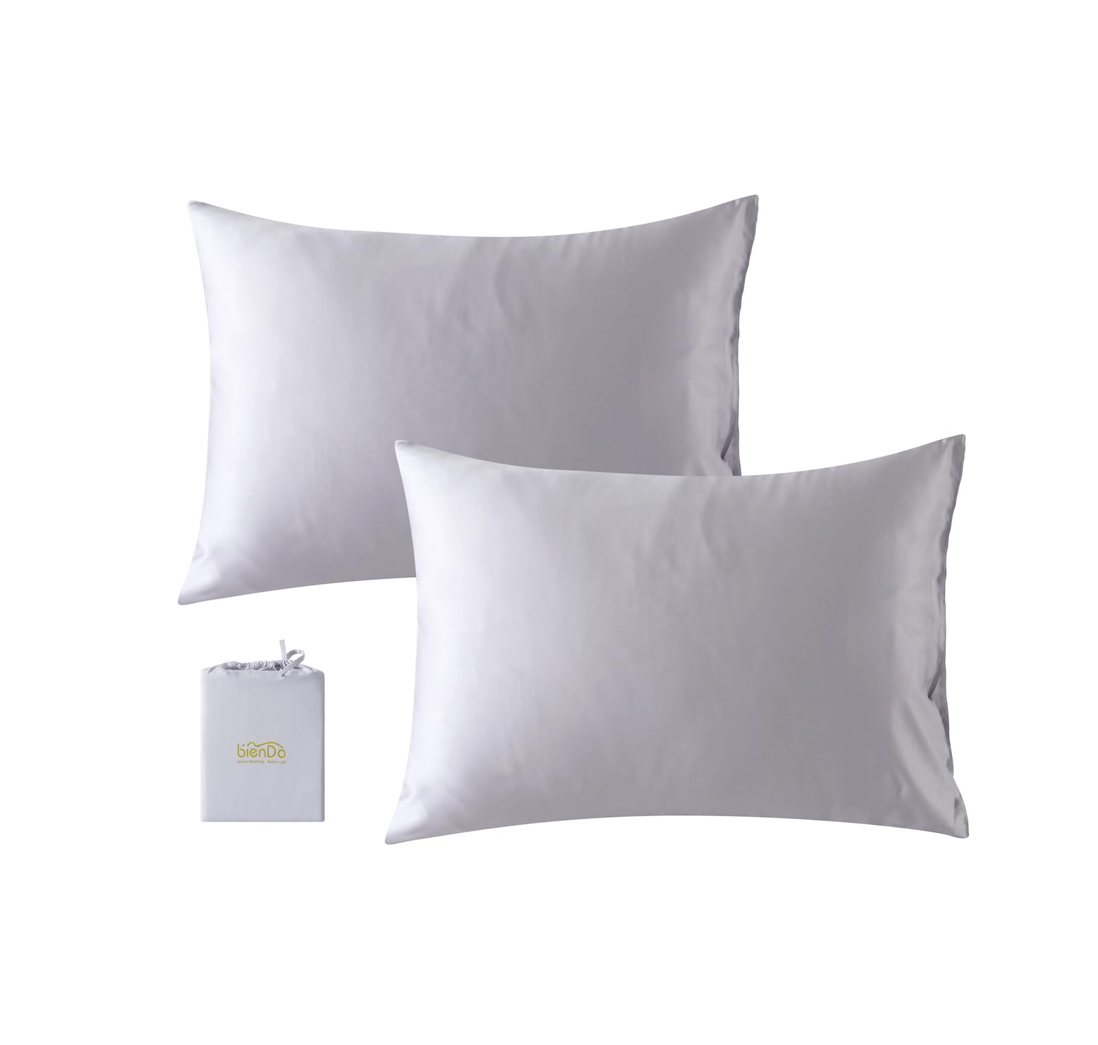 bienDo Pillowcases 2 Pack, Light Grey, Bamboo - Vegan Silk, Cooling, Anti-Acne, Hypoallergenic, Luxury-Standard UK Size (50x75cm), Envelop Closure