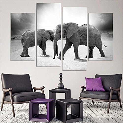 4 Panels Modern Abstract Art Painting For Home Decor Two Elephants HD Paintings Animal Framed Canvas Wall Art Modern Picture Living Room Decor Gift Pieces Framed Oil Painting Ready To Hang