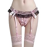 Womens Sexy Garter Belt and Stockings Set Sheer Mesh Suspenders Lingerie with Thong Panty Lace Trim Mini Skirt