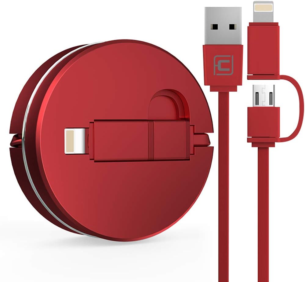 CAFELE Retractable Charging USB Cable, iP & Micro USB & Type-C 3in1 Charging & 3in1 Data Transmission Charger 3.3ft / 1m Data Cables (2in1-Red)