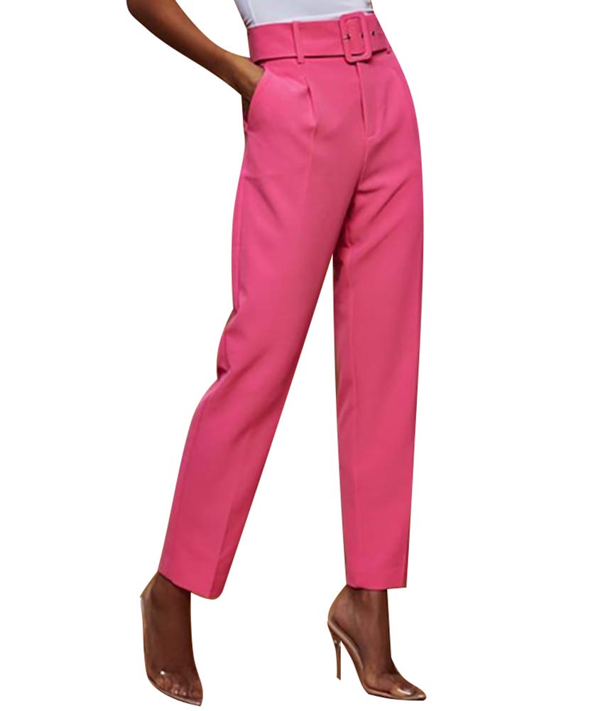 Womens Formal Dress Pants - Comfy Career Straights Leg Work Trousers with Belt Pink US 12