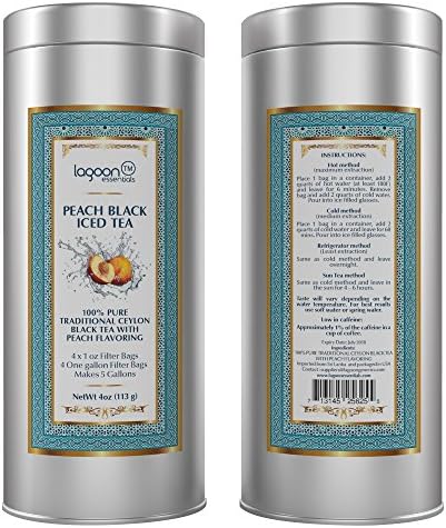 Peach Iced Tea Mix - 100% Pure Traditional Ceylon Black Tea With Peach Flavoring. 4 One Gallon Filter Peach Ice Tea Bags that makes 5 Gallons of the best Iced Tea. NetWt 4oz (113 g).
