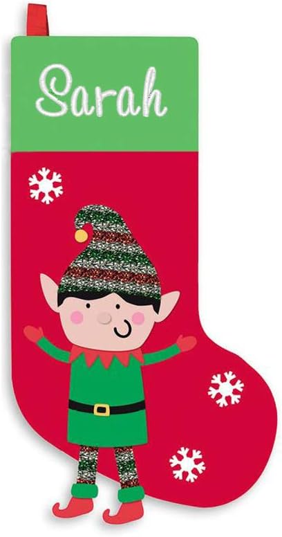 Shopagift PERSONALISED Embroidered with ANY NAME Santa or Penguin Christmas Xmas Deluxe Luxury Stocking (Green Elf)