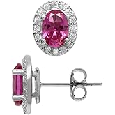 Silvershake Created 1.8 Ctw Oval 7x5 mm Pink Tourmaline 925 Sterling Silver Halo Stud Earrings