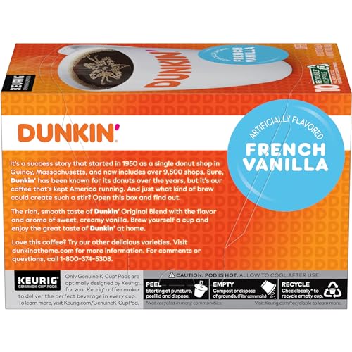 DUNKIN’ FRENCH VANILLA FLAVORED COFFEE, 10 KEURIG K-CUP PODS