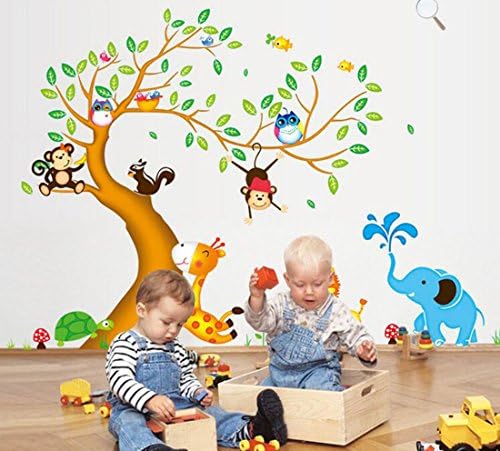 Creative Tree with Happy Animal Zoo Wall Stickers ,DIY Kids Room Wallpaper Making House Vitality(style 2)