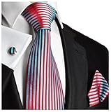 Paul Malone Necktie Set 100% Silk Tie, Handkerchief and Cufflinks, Red and Turquoise